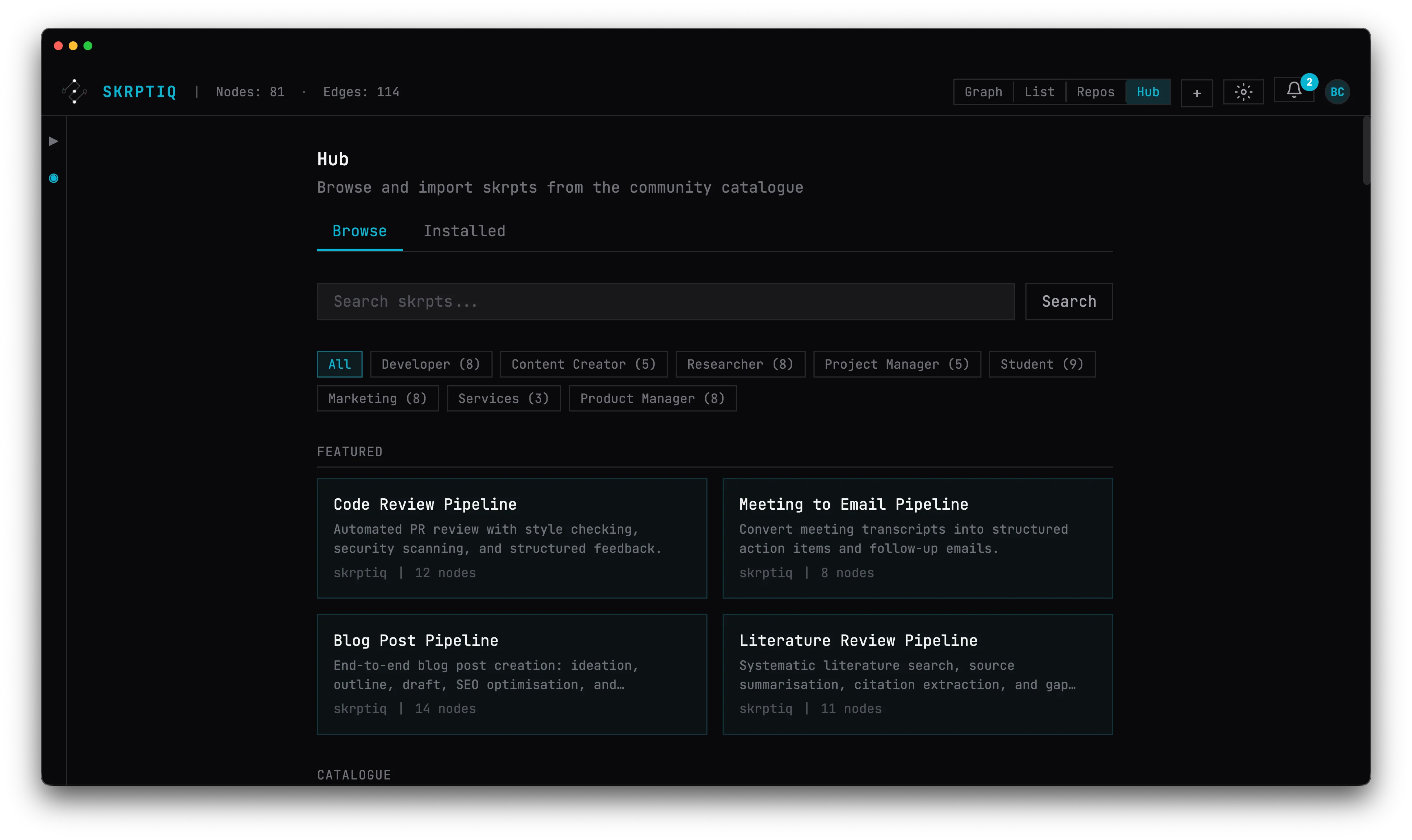 Hub browser showing community agent packages organised by category