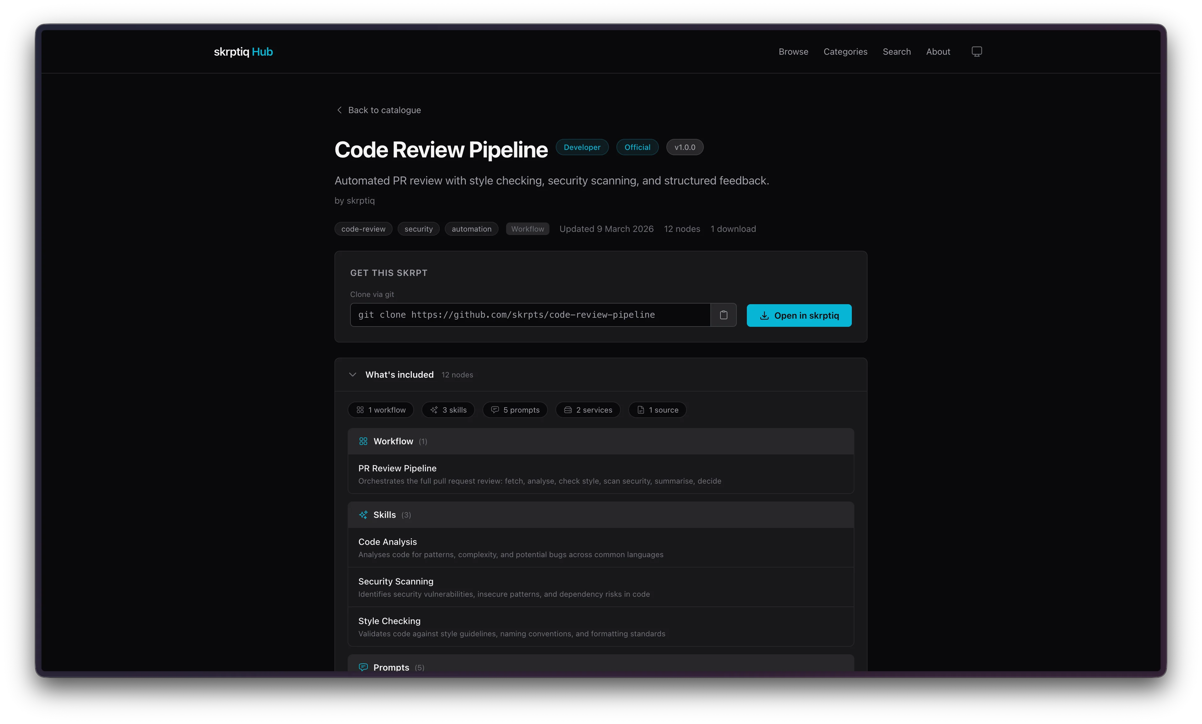 Agent package detail page showing contents, install command, and open in skrptiq button