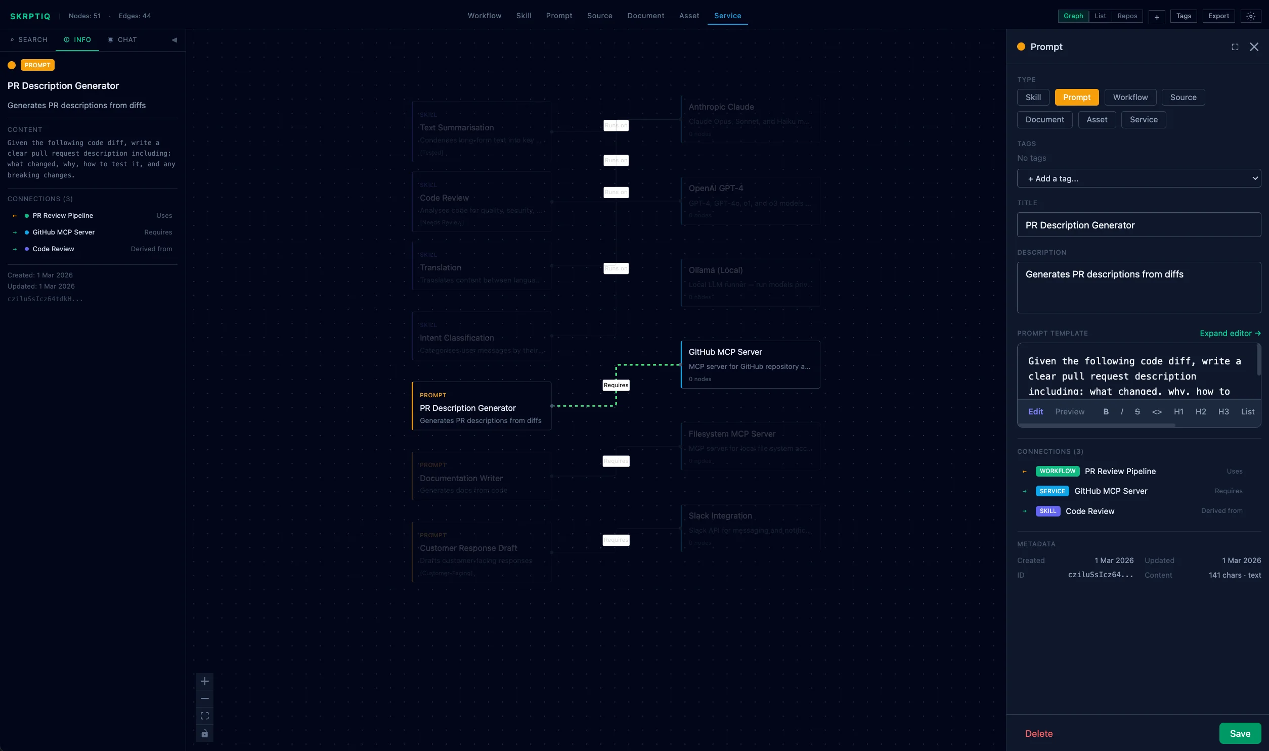 Prompt node selected in graph with editor panel